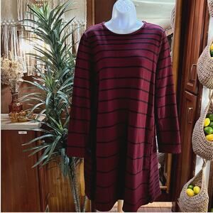 J Jill Stripe Shift Dress L Burgundy Black Tunic | Fall Preppy Coastal Grunge